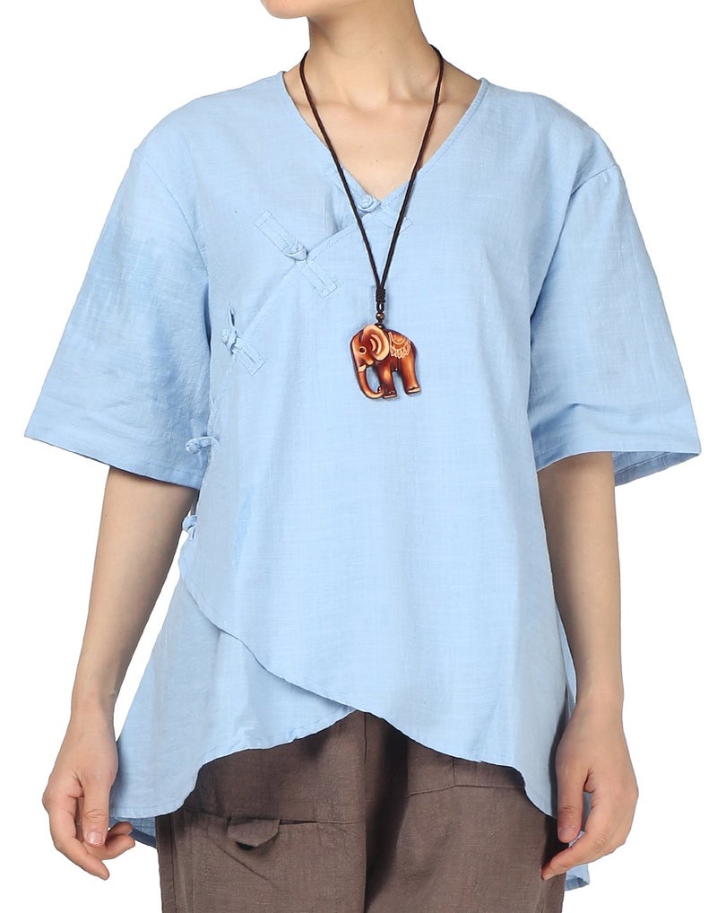 Minibee Women's Linen Retro Chinese Frog Button Tops Blouse Blue XL - Image 2